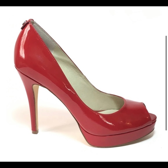 MICHAEL KORS YORK PLATFORM RED PATENT LEATHER PEEP TOE PUMPS high heels - Picture 3 of 6